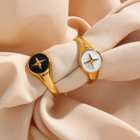 Anneaux de doigt pour femmes en acier inoxydable rétro chic INS, anneau à disque de boussole à huile tombante, émail noir et coquille de cauris blanche, plaqué or 18 carats