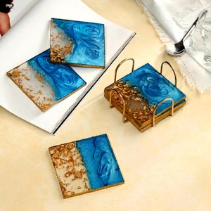 Posavasos Cuadrados Modernos de Resina con Arte en Resina Azul y Diseño de Hoja de Oro, Hechos a Mano, 350 mm de Diámetro, Antideslizantes, para Decoración de Mesa - Product Image 1