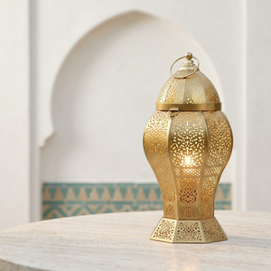 2026 Ramadan Decorative <b>Gold</b> Metal Moroccan Candle Holder <b>Lantern</b> for Floor and Table Home Decoration - Product Image 1