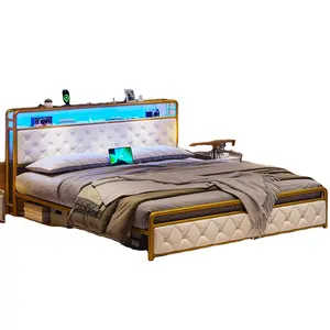إطار سرير مع سطح رأس تخزين، إطار سرير منجد بحجم كبير بمنافذ طاقة ومنفذ USB، سطح رأس مخملي محشو