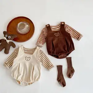 Primavera niño niños niña algodón camisas + Mono 2 uds PANA dibujos animados bordado liso rayas ropa bebé traje conjunto