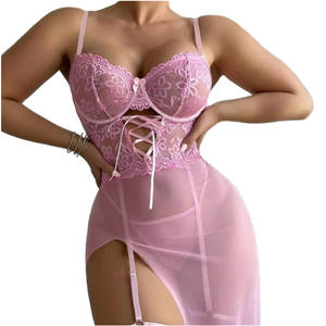 Vestido de lencería de encaje Rosa sexy con falda dividida de malla transparente sujetador con aros conjunto de liguero Babydoll ropa de dormir para mujer juego de rol - Product Image 1