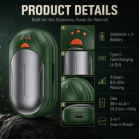 Chauffe-mains rechargeable vert métallisé argenté, chauffage rapide en 0,5s, chauffe-poche USB portable, protection contre la surchauffe, 6000mAh, voiture
