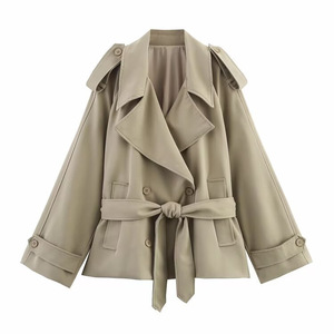 Manteau <span class=keywords><strong>trench</strong></span> <span class=keywords><strong>court</strong></span> pour <span class=keywords><strong>femme</strong></span>, style vintage, ample, décontracté, à col, manches longues, à nouer devant, à double boutonnage, pour la saison printanière - Product Image 1