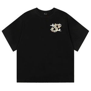 Camiseta de algodón extragrande para hombre |   Camiseta negra de manga corta con estampado de dragón y letras S bordadas |   Tops Casuales Minimalistas de Estilo Urbano - Product Image 1