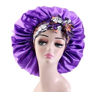 New Design Elastic Ribbon Large Sleep <b>Hat</b> Hair Styling Cap Solid Satin Bonnet With Printed Tie Satin Bonnet Caps <b>Women</b> - Product Image 6