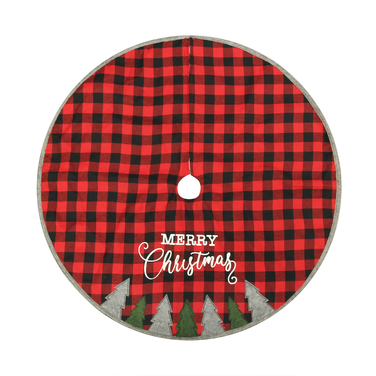 48" Factory selling Christmas Tree Cloth Decorations Red Black Plaid Cotton Embroidery Christmas Tree Skirt