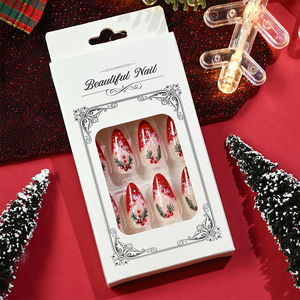 24 Uds <span class=keywords><strong>uñas</strong></span> postizas navideñas con lazo mariposa diamantes de imitación decorados prensa cuadrada corta en las <span class=keywords><strong>uñas</strong></span> DIY puntas de manicura falsas francesas - Product Image 2
