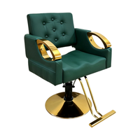 Chaise de coiffure en cuir PU vert foncé, mobilier de salon, accoudoirs creux dorés, chaise de barbier hydraulique pour salon de coiffure et de beauté