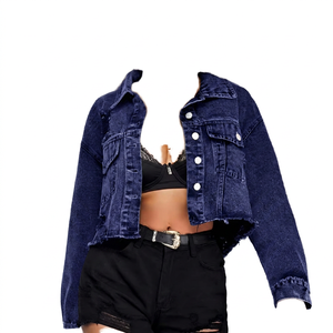 Women's <b>Cropped</b> <b>Denim</b> Trucker <b>Jacket</b> Breathable Full Sleeve Washed Black Frayed Edge Turn Down Collar Front Logo Autumn Style - Product Image 3