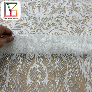 Tessuto in Pizzo Africano di Lusso con Perline e Ricami in Tulle, Tessuto Bianco con Paillettes e Perline Pesanti <span class=keywords><strong>per</strong></span> <span class=keywords><strong>Abiti</strong></span> <span class=keywords><strong>da</strong></span> <span class=keywords><strong>Sposa</strong></span> - Product Image 4