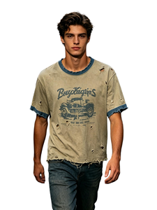 T-shirt Ringer Vintage Distressed con Stampa DTG Personalizzata Kornit, Stile Retrò Auto, <span class=keywords><strong>Maglietta</strong></span> Streetwear Pesante - Product Image 3