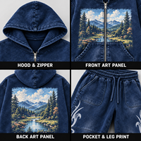 Ensemble de survêtement à capuche bleu marine personnalisé, deux pièces, style streetwear décontracté, OEM, vente en gros, fournisseur de vêtements décontractés à marque privée