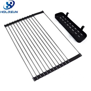 Escurridor de Platos Enrollable de Acero Inoxidable Resistente al Calor, Plegable, para Fregadero de <span class=keywords><strong>Cocina</strong></span>, con Cesta de Almacenamiento para Cucharas y Tenedores - Product Image 1