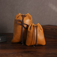 Pochette à monnaie vintage en cuir véritable souple, sac cadeau porte-bonheur, pochette de rangement, sac à cordon rétro en cuir de vachette pour bijoux