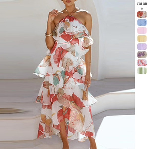 Robe longue d'été en mousseline florale à col halter sans manches avec volants superposés pour <span class=keywords><strong>femme</strong></span>, idéale pour les fêtes à la plage - Product Image 1