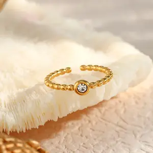 Ins European Stainless Steel Seed Beads Zircon Ring 18K Gold Plating Round Zircon Opening Rings