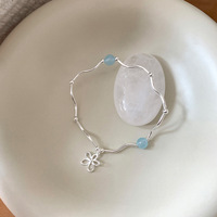 Bracelet Fleur Bowei en Argent Sterling S925, Tube Courbé Creux, Pierre Bleu Océan, Bijou Élégant