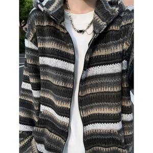 Sudadera con Capucha a Rayas Retro Americana para Hombre, Otoño, Informal, Holgada, de Punto, con Cierre Frontal y Mangas Acampanadas - Product Image 3