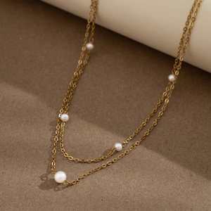 Collar de Perlas de Doble Capa Nocturne Gold, Hilo Interior con Cuatro Perlas Pequeñas, Cadena Exterior con Perla Grande en el Centro, para Mujer, Uso Diario - Product Image 1