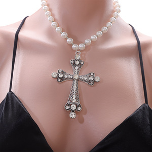 European American Imitation Pearl Alloy <b>Cross</b> Necklace Gold White K AA Grade Everyday Wear Geometric Design Clavicle <b>Chain</b> - Product Image 2