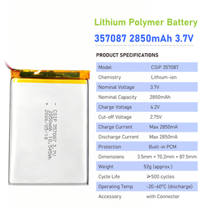 357087 2850mAh 3.7v Baterai Lithium Polymer 3.5mm Ultra-tipis Pouch Li-Po Baterai LP357087 2850mA Baterai Li-Ion Polymer - Product Image 2