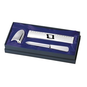 Ensemble d'ouvre-lettres argentés avec règle et taille-crayon, 3 pièces, en coffret cadeau - Product Image 1