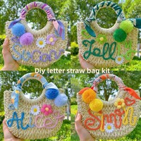 Tas Anyaman Jerami BEAUTY DREAM dengan Pola Bunga Pom-Pom DIY untuk Liburan Musim Panas - Model Wanita XL-630