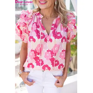 Dear-Lover Pink Split Neck Floral Top Shirt Blouses Elegant Women Para Mujer Blusas Elegantes De Dama Juvenil