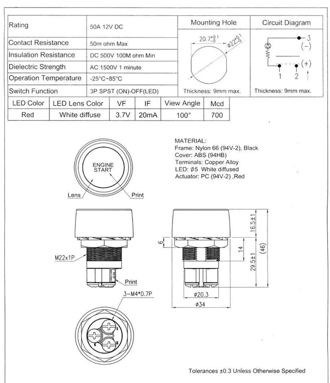 Auto Startknop 3 Pins Spst Drukknop Startschakelaar 12 Volt 50 Amp Drukknop Contactslot Voor Scheepswagen