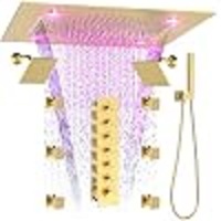 Système de douche carré de luxe brossé avec jets corporels 20 pouces, robinet thermostatique LED 2 fonctions pluie/cascade et deux douches à main de 6 pouces