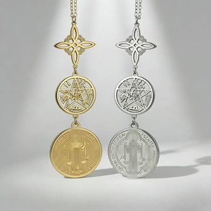 Cadena <span class=keywords><strong>de</strong></span> bambú <span class=keywords><strong>de</strong></span> acero inoxidable con triple colgante, grabado a doble cara, pentagrama <span class=keywords><strong>de</strong></span> San Benito, regalo <span class=keywords><strong>de</strong></span> bruja, superventas transfronterizo - Product Image 1