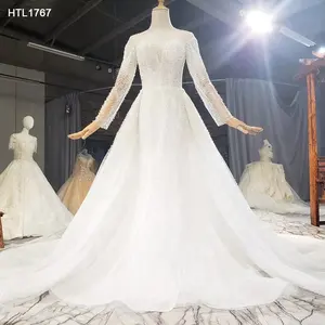 Jancember HTL1767-vestido de novia de sirena de manga larga con perla completa, con tren desmontable