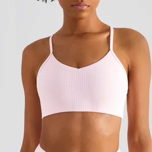 Sujetador deportivo para mujer, sostén ligero acanalado, entrecruzado, de licra, rosa, alfa Yoga con tazas, camiseta sin mangas acolchada para Yoga