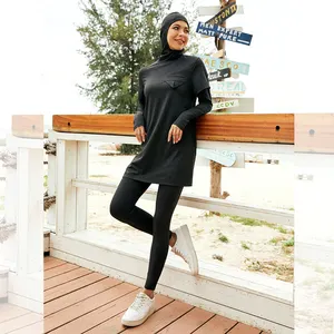2022 جديد تصميم الأزياء مسلم ملابس رياضية 3 قطعة الحجاب جميع الأسود متواضع أكتيفيوير نشط ارتداء ملابس خروج
