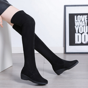 Bottes hautes d'hiver pour femmes avec talon compensé, doublure polaire fine, chaussettes élastiques intégrées, tige en daim chaud pour l'automne et l'hiver - Product Image 3