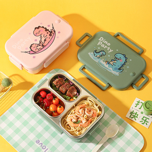 Caja Bento para niños a prueba de fugas, contenedor de almuerzo de acero inoxidable con compartimentos sellados, patrón de dibujos animados de dinosaurio para aperitivos escolares - Product Image 6
