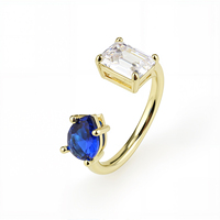 Bague ouverte en laiton plaqué or 14 carats de qualité supérieure avec double pierre pour mariages, saphir en forme de goutte d'eau et zircone carrée, éclat explosif