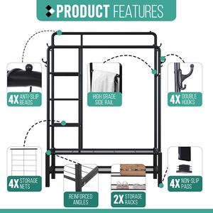SENYU Double Rods <b>Clothing</b> <b>Rack</b> with 2 Bottom Shelves & 4 Side Shelves - Product Image 4
