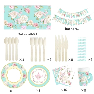 ชุดถ้วยน้ำชา จานรอง กระดาษเช็ดปาก ถ้วยชาและจานรองพร้อมหูจับ สำหรับงานเลี้ยงวันเกิดเจ้าหญิง ตกแต่งงานฉลองวันเกิดเด็ก ลายดอกไม้ - Product Image 4