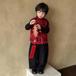 Child Star Circle Hanfu Boys Quilted Vest Red Thick Cotton Winter Outfit New Year Attire - Product Image 3