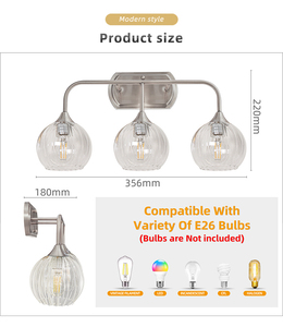 Applique murale moderne en alliage d'aluminium avec 3 abat-jour en verre, LED E27, lumière blanc chaud 2700K pour salle de bain, chambre à coucher, salon - Product Image 4