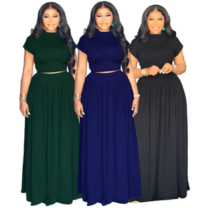 Y10601 Set Estivo Personalizzato: Elegante T-shirt a Maniche Corte con Collo Tondo e Gonna Lunga <span class=keywords><strong>Maxi</strong></span>, Completo Due Pezzi per Donna - Product Image 1