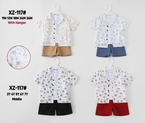Ensemble de trois pièces pour garçons, chemises à manches courtes et shorts pour bébés garçons, tissu en coton tissé avec motif de fleurs et de feuilles - Product Image 3