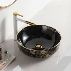 Lavabo rond en céramique noir et or, design élégant, pour hôtel de luxe, lavabo de salle de bain doré à poser sur le comptoir - Product Image 2