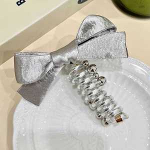 2024 più recente stile coreano alla moda argento cavo per telefono fascia alta elastica per capelli per bambine con fiocco a spirale per capelli accessori per capelli - Product Image 5