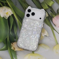 Coque de téléphone irisée en forme de cœur avec nœud, cadre d'appareil photo en strass oreilles de chat, bord ondulé transparent pour iPhone 11 12 13 15 16 17 Pro Max
