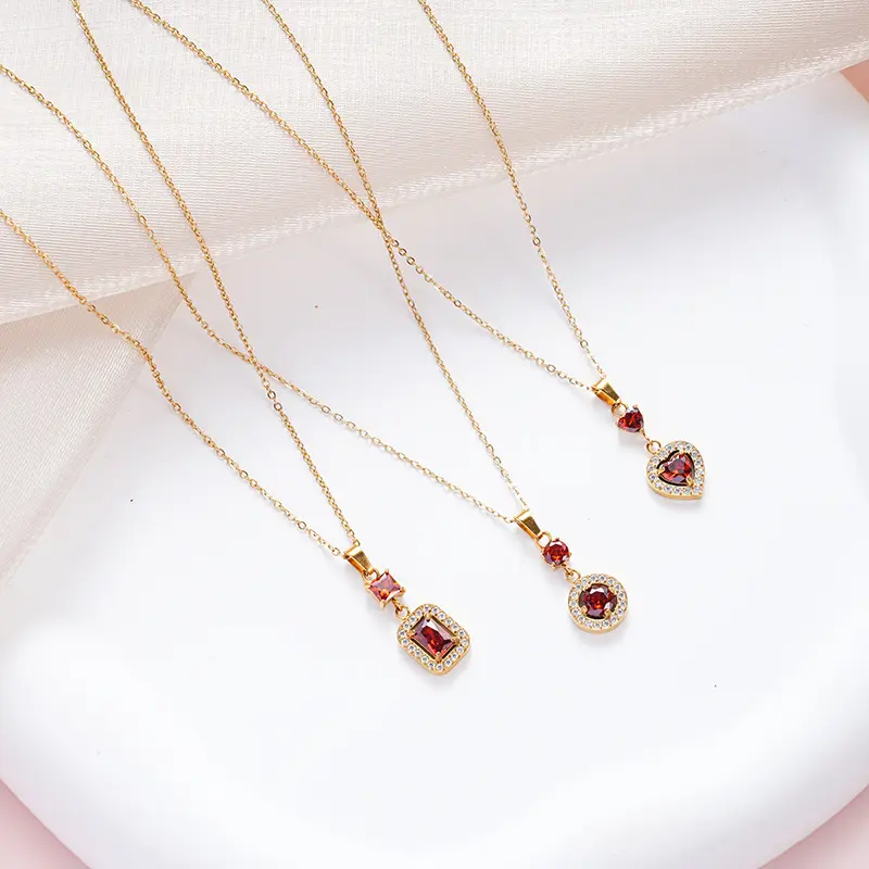 PVD 18K Позолоченные ювелирные изделия из нержавеющей стали 316L античный красный рубиновый бриллиант циркониевый камень кулон ожерелье для женщин