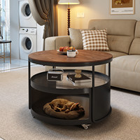 Table basse ronde de style crème, mobile avec roulettes et étagère de rangement à 2 niveaux