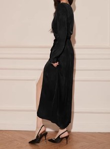 Abito Aderente <span class=keywords><strong>Nero</strong></span> Stile Francese <span class=keywords><strong>con</strong></span> Scollo a V e Maniche Lunghe, Elegante <span class=keywords><strong>Vestito</strong></span> Aderente <span class=keywords><strong>con</strong></span> <span class=keywords><strong>Spacco</strong></span> <span class=keywords><strong>Laterale</strong></span> - Product Image 4